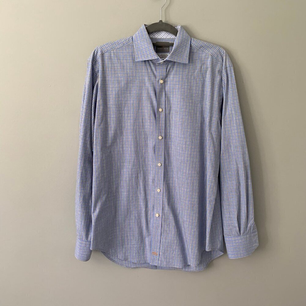 Thomas Dean Mens Blue Grey Micro Check Long Staple 2-Ply Cotton Shirt Size M‎